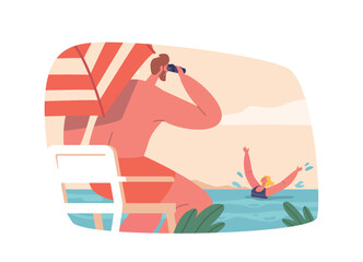 Dangerous Situation On The Beach Concept With Lifeguard Male Character Sitting Under Umbrella Look In Binoculars