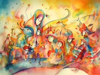 Bright colorful holiday carnival. An illustration in abstract watercolor style. Generative AI.