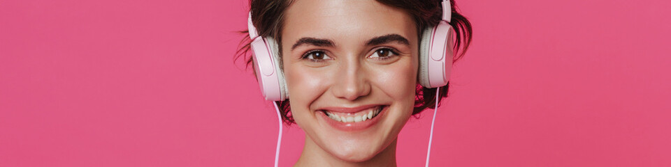 White young woman listening music with headphones and cellphone