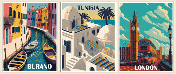 Set of Travel Destination Posters in retro style. Tunisia, London, England, Burano Italy prints. International summer vacation, holidays concept. Vintage vector colorful illustrations. - obrazy, fototapety, plakaty