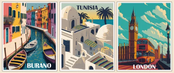 Gardinen Set of Travel Destination Posters in retro style. Tunisia, London, England, Burano Italy prints. International summer vacation, holidays concept. Vintage vector colorful illustrations. © Creative Juice