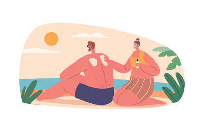 Woman Gently Massages Spf Cream Onto Mans Back, Enjoying A Serene Moment By The Beach. Young Couple Characters