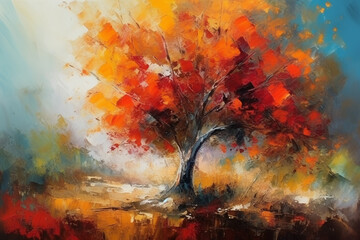 Obraz na płótnie Canvas Autumn landscape with a tree. Painting in the style of abstract impressionistic oil painting. Generative AI.