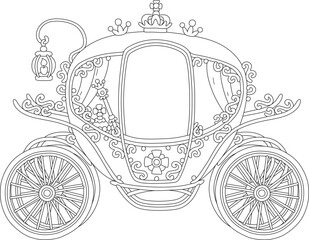 Golden royal ceremonial carriage from a fairy tale, black and white vector cartoon illustration