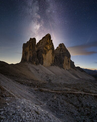 Tre Cime di Lavaredo in the Dolomites with the milky way