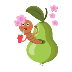 A cute worm crawling out of a pear, holding a cup in the hand and drinking pear juice through a straw