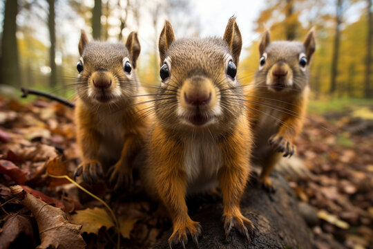 Three squirrels portrait in forest park looking at the camera with a curious, funny, surprised look, funny, humorous wild animals, wide angle photography. Positive concept. Generative ai Technology