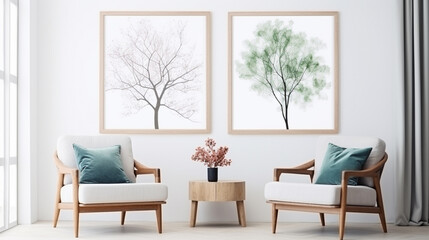 Two armchairs in room with white wall and big frame poster on it. Scandinavian style interior design of modern living room. Created with generative AI