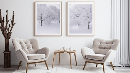 Two armchairs in room with white wall and big frame poster on it. Scandinavian style interior design of modern living room. Created with generative AI