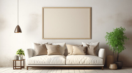 Rustic interior design of modern living room with beige fabric sofa and cushions. White wall with frame and space for text. Created with generative AI
