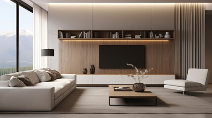 Fototapeta na wymiar Minimalist style interior design of modern living room with tv. Created with generative AI