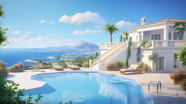 Traditional Mediterranean white house with pool on hill with stunning sea view. Summer vacation background. Created with generative Ai