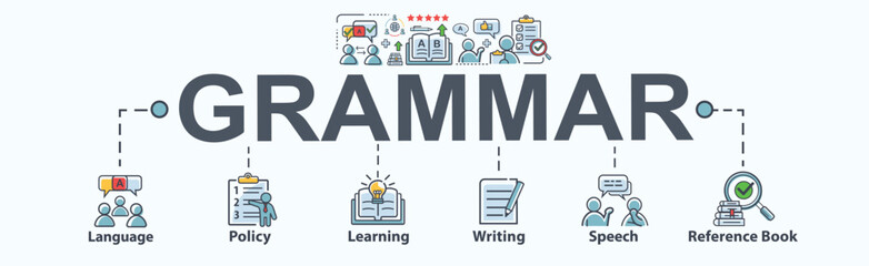 Grammar banner web icon for language education, communication, policy, learning, writing, speech, and reference book. minimal vector infographic.
