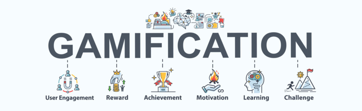 Gamification banner web icon for education, engagement, reward, achievement, motivation, learning, and challenge. minimal vector cartoon infographic.