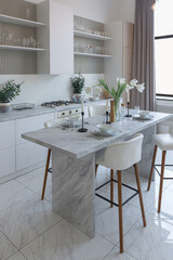 Fototapeta na wymiar close view kitchen with dinning marble table and hight bar stools in minimalistic light elegant luxury design of a modern spacious studio apartment in soft pastel beige colors