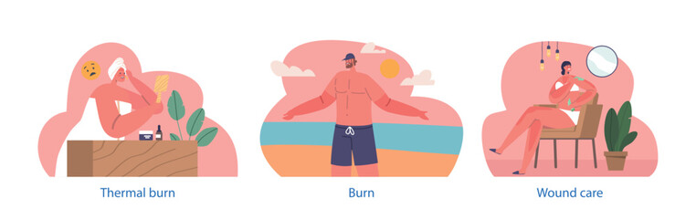 Isolated Elements With Characters With Sunburn Have Red, Painful Skin Due To Overexposure To The Suns Uv Rays