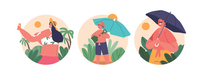 Isolated Round Icons or Avatars of Female Characters and Child Use Sun Protection and Umbrella To Shield Their Skin