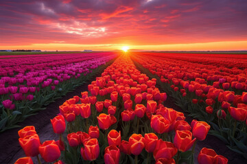 Captivating scene of a magical landscape as the sun rises over a vibrant tulip field in the Netherlands. The colors and beauty of the flowers create a stunning visual display. Generative AI.