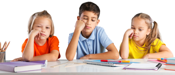 Concept of education. Elementary school child, ready to answer the teacher's questions in class. Smart little is sitting at a desk next to her classmate in the classroom.