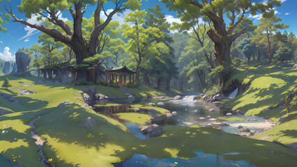 Obraz na płótnie Canvas A beautiful rural nature forest. An Illustration in an anime background animation style - Set 2
