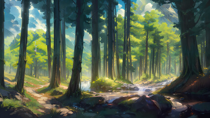 A beautiful rural nature forest. An Illustration in an anime background animation style - Set 2