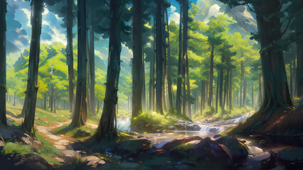 Obraz premium A beautiful rural nature forest. An Illustration in an anime background animation style - Set 2