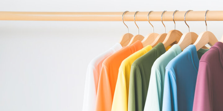 Colorful t-shirts hanging on wooden clothes hanger in closet or clothing rack. Generative AI.