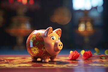 Obraz premium A captivating photo showcasing a piggy bank in the Chinese style, filled with gold coins. The image highlights the concept of savings, wealth, and prosperity. Generative AI.
