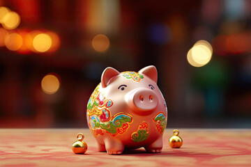 A captivating photo showcasing a piggy bank in the Chinese style, filled with gold coins. The image highlights the concept of savings, wealth, and prosperity. Generative AI.