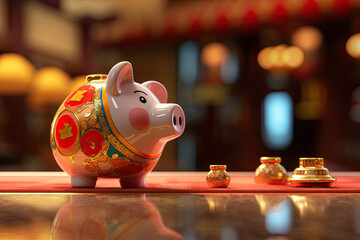 A captivating photo showcasing a piggy bank in the Chinese style, filled with gold coins. The image highlights the concept of savings, wealth, and prosperity. Generative AI.