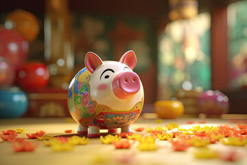 Obraz premium A captivating photo showcasing a piggy bank in the Chinese style, filled with gold coins. The image highlights the concept of savings, wealth, and prosperity. Generative AI.