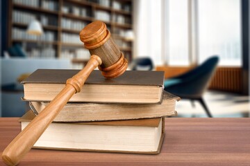Legal services at Office. Wooden Hammer on desk, AI generated image