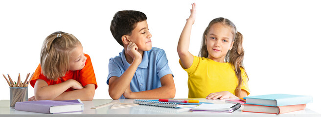Concept of education. Elementary school child, ready to answer the teacher's questions in class....