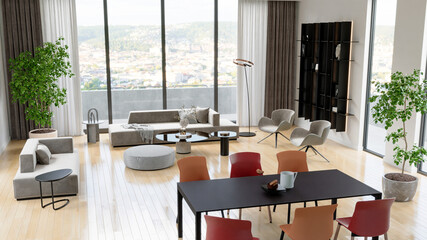Large luxury modern bright interiors Living room mockup illustration 3D rendering computer digitally generated image