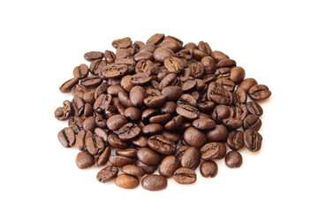 Pile of roasted arabica coffee beans isolated on white background