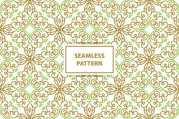 oriental seamless pattern. White, green and gold background with Arabic ornament. Pattern, background and wallpaper for your design. Textile ornament. Vector illustration.