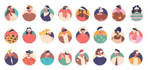 Set Of Avatars Characters Wear Vr Glasses To Immerse Themselves In Virtual Reality, Exploring New Worlds