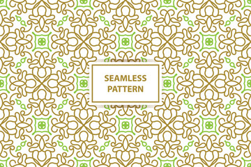 oriental seamless pattern. White, green and gold background with Arabic ornament. Pattern, background and wallpaper for your design. Textile ornament. Vector illustration.