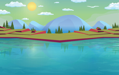 Vector illustration of cartoon evening background with big water lake and landscape area and mountains, trees, sky, clouds