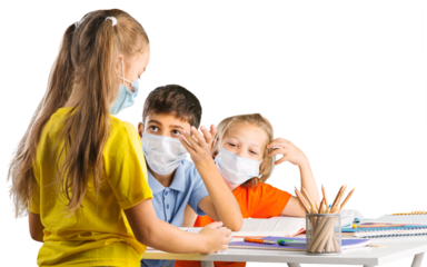 Group of children with face mask back at school after covid-19 and lockdown.