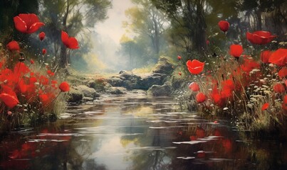  a painting of a river with red flowers in the foreground.  generative ai