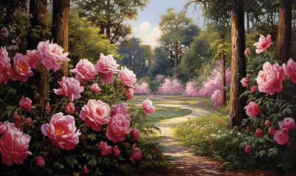  a painting of pink roses in a garden with a path.  generative ai