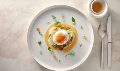  a white plate topped with food next to a cup of tea.  generative ai