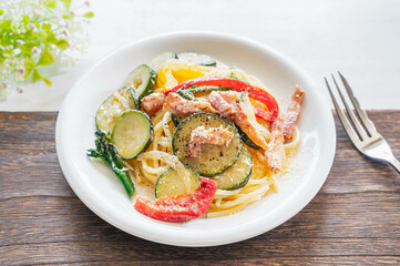 夏野菜とベーコンのパスタ