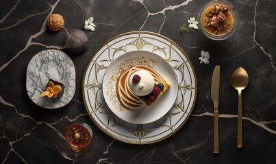  a plate topped with a dessert next to a bowl of fruit.  generative ai