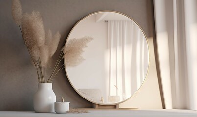 White table for placing products with a mirror on the wall