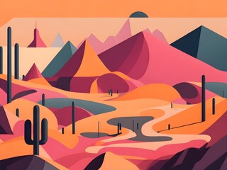 Desert landscape with cactus, hills and mountains silhouettes nature horizontal background flat design. Image is generated with the use of an ai