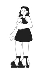 Happy woman in cocktail dress monochromatic flat vector character. Elegant lady with glass. Drinking punch. Editable line full body person on white. Simple bw cartoon spot image for web graphic design