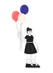 Little girl in summer dress holding balloons monochromatic flat vector character. US national holiday. Editable line full body person on white. Simple bw cartoon spot image for web graphic design