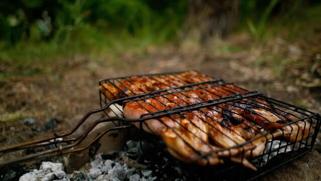 Picnic in nature in the woods BBQ over a campfire with smoke, delicious chicken wings and BBQ sausages